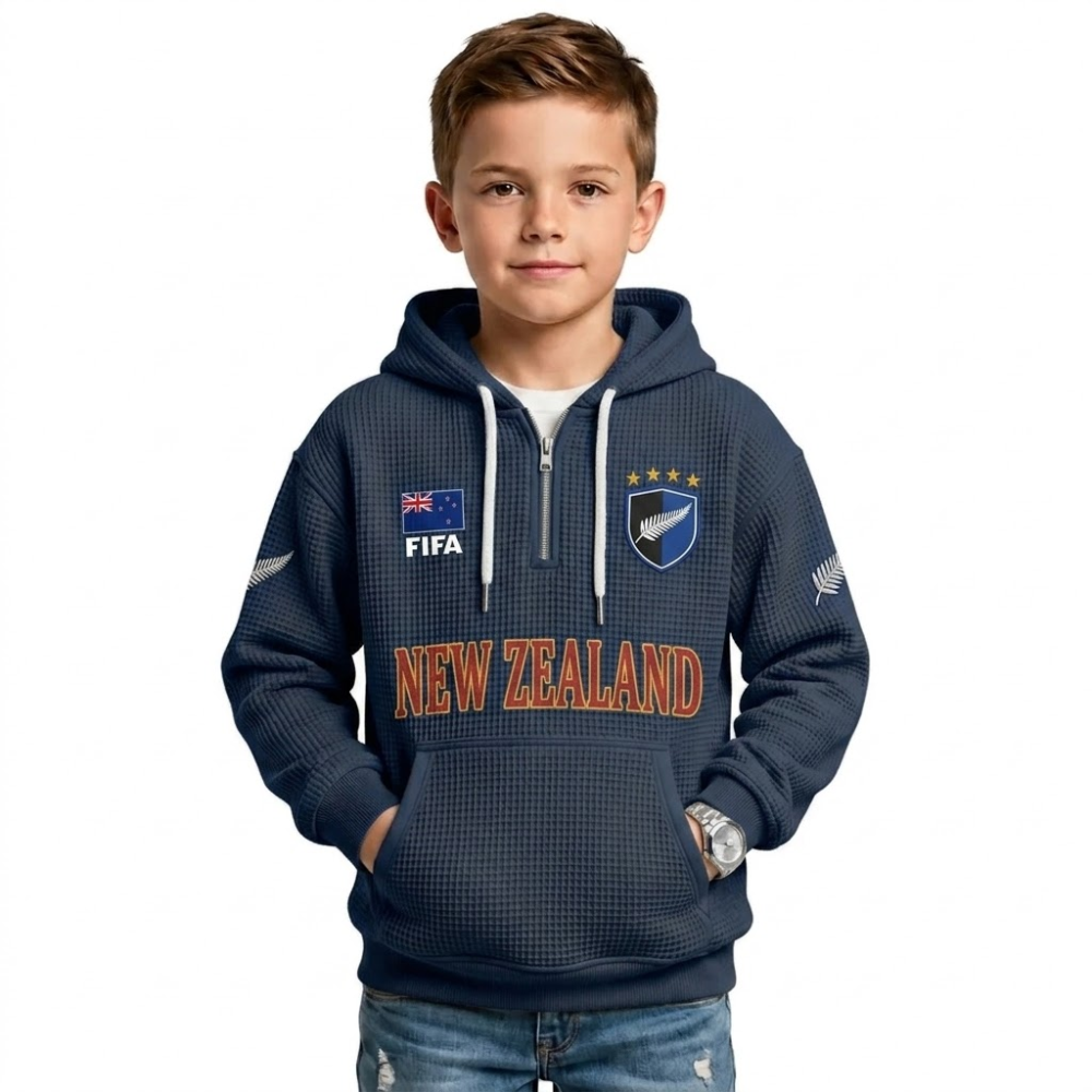 FIFA 2026 New Zealand Printed Waffle Quarter Zip Kids Football Fan Hoodie
