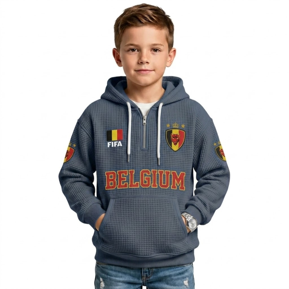FIFA 2026 Belgium Printed Waffle Quarter Zip Kids Football Fan Hoodie
