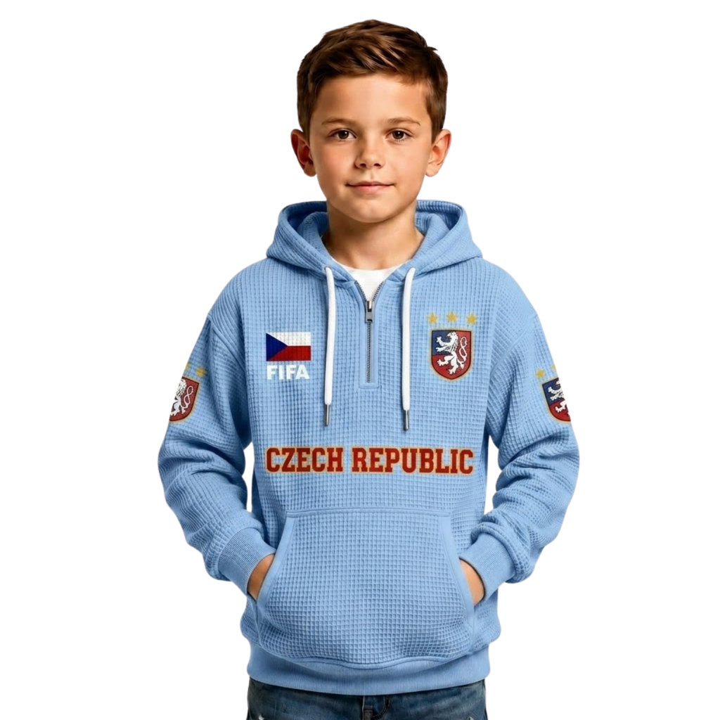 FIFA 2026 Czech Republic Printed Waffle Quarter Zip Kids Football Fan Hoodie