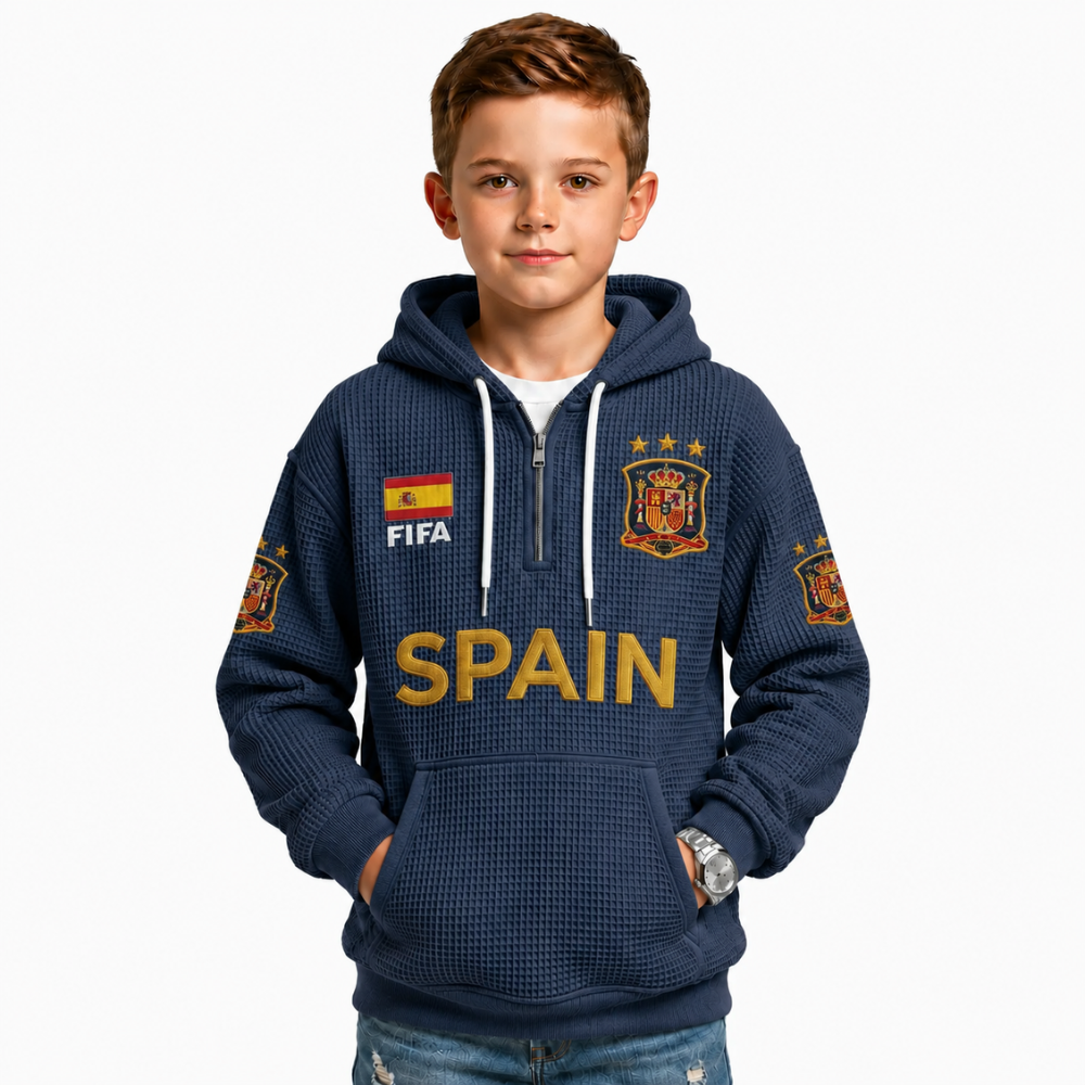 FIFA 2026 Spain Printed Waffle Quarter Zip Kids Football Fan Hoodie