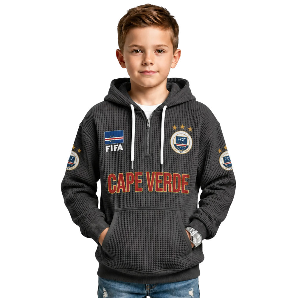 FIFA 2026 Cape Verde Printed Waffle Quarter Zip Kids Football Fan Hoodie