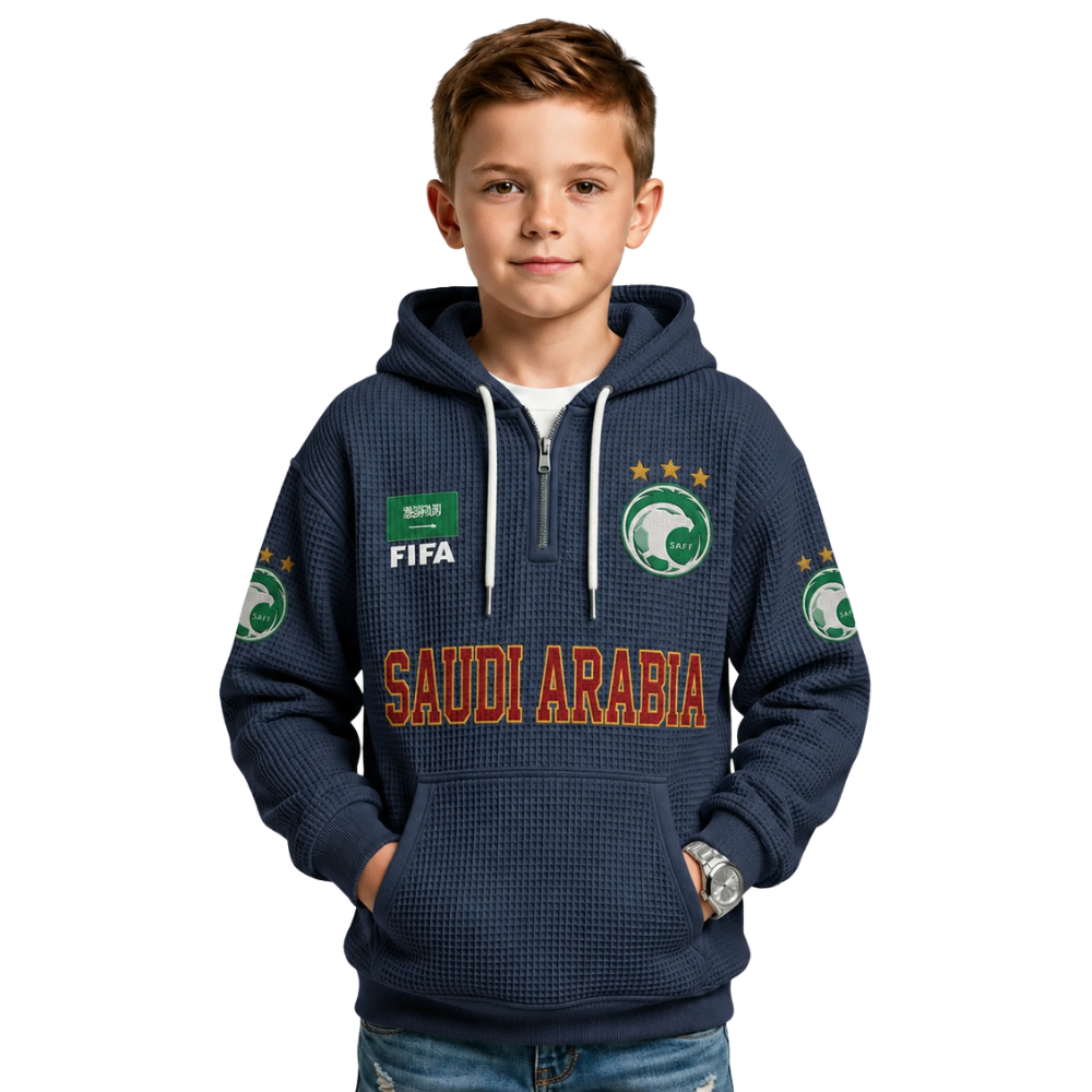 FIFA 2026 Saudi Arabia Printed Waffle Quarter Zip Kids Football Fan Hoodie