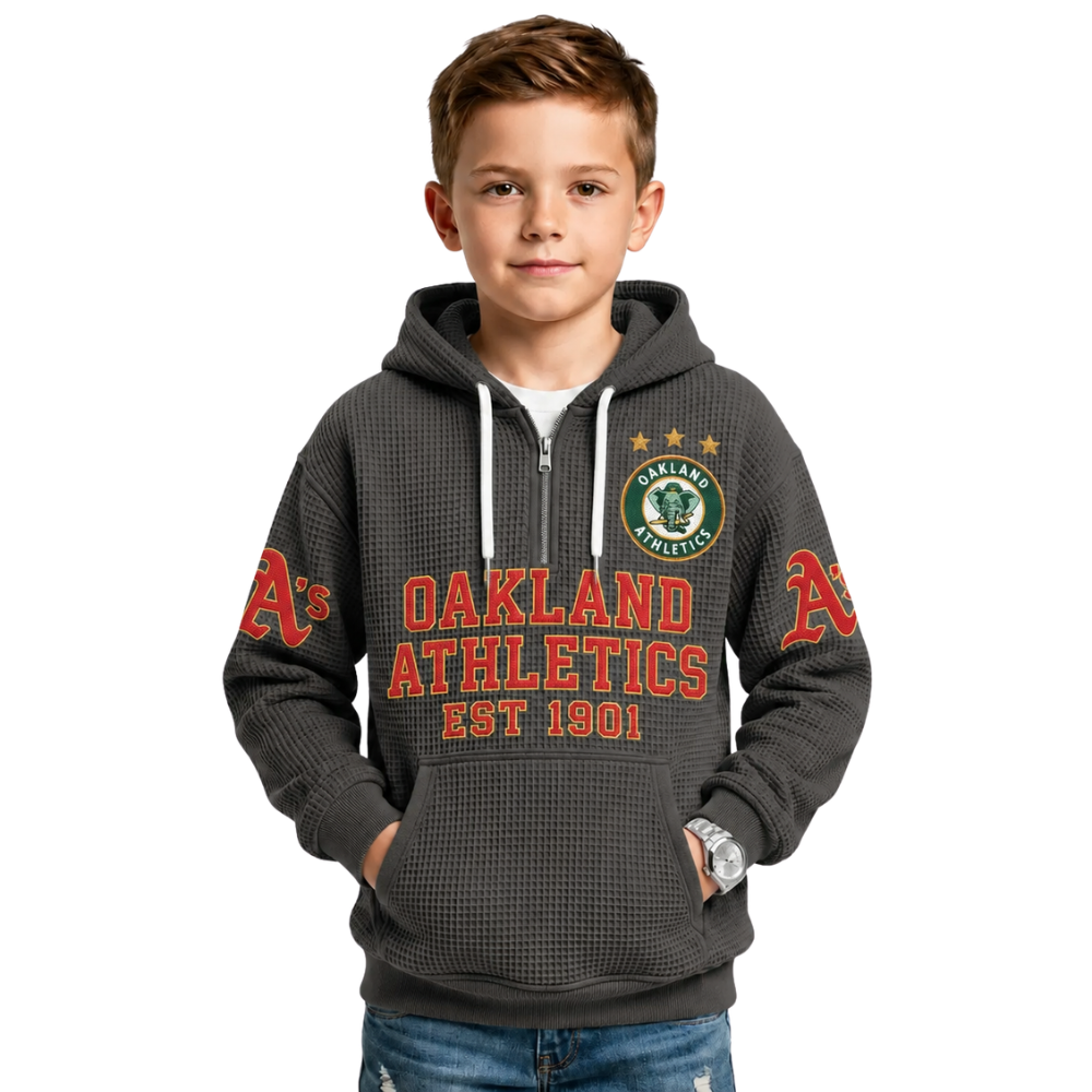 Oakland Athletics EST 1901 Kids Baseball Fan Printed Waffle Quarter Zip Hoodie