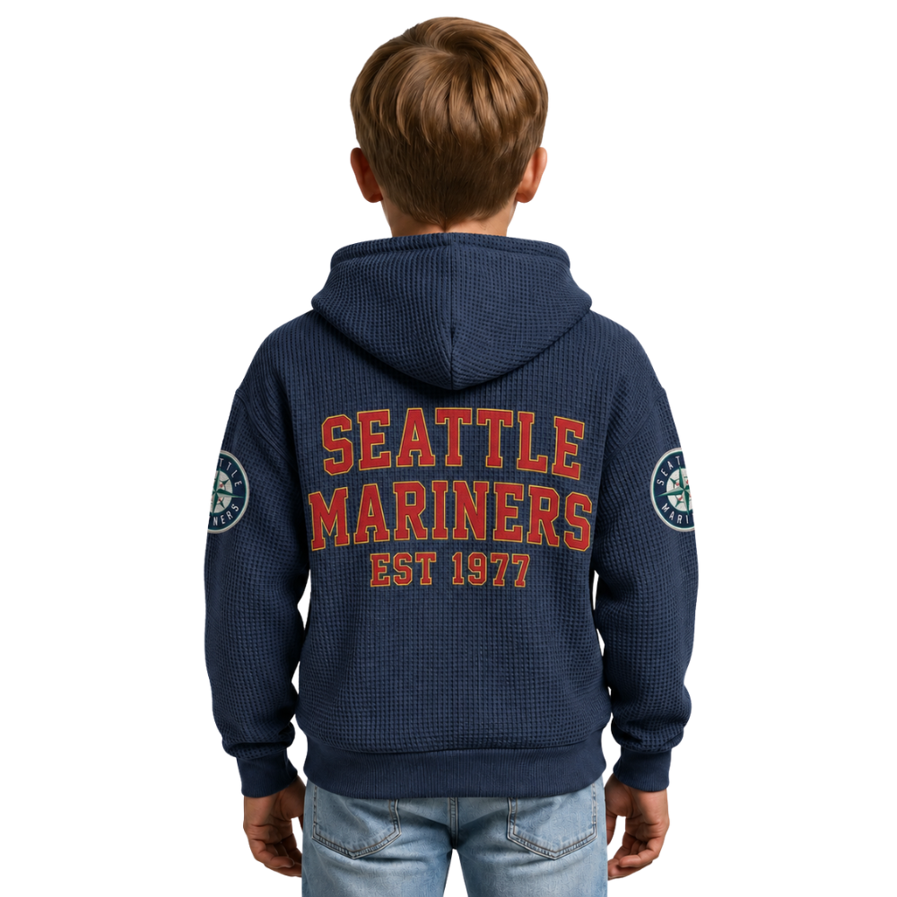 Seattle Mariners EST 1977 Kids Baseball Fan Printed Waffle Quarter Zip Hoodie