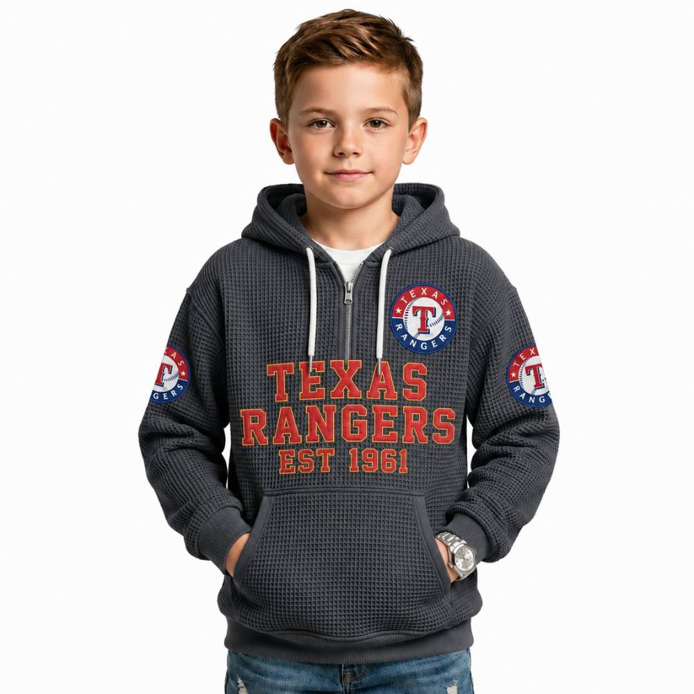 Texas Rangers EST 1961 Kids Baseball Fan Printed Waffle Quarter Zip Hoodie