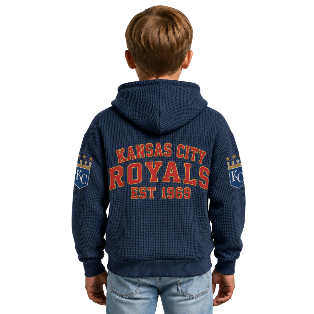 Kansas City Royals EST 1969 Kids Baseball Fan Printed Waffle Quarter Zip Hoodie