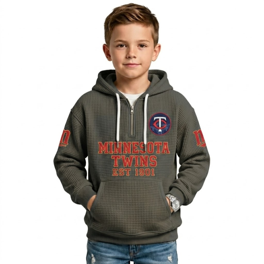 Minnesota Twins EST 1901 Kids Baseball Fan Printed Waffle Quarter Zip Hoodie