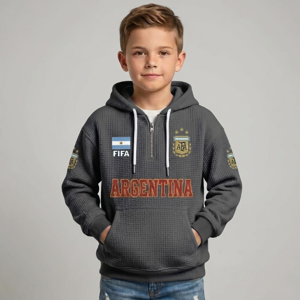 FIFA 2026 Argentina Printed Waffle Quarter Zip Kids Football Fan Hoodie