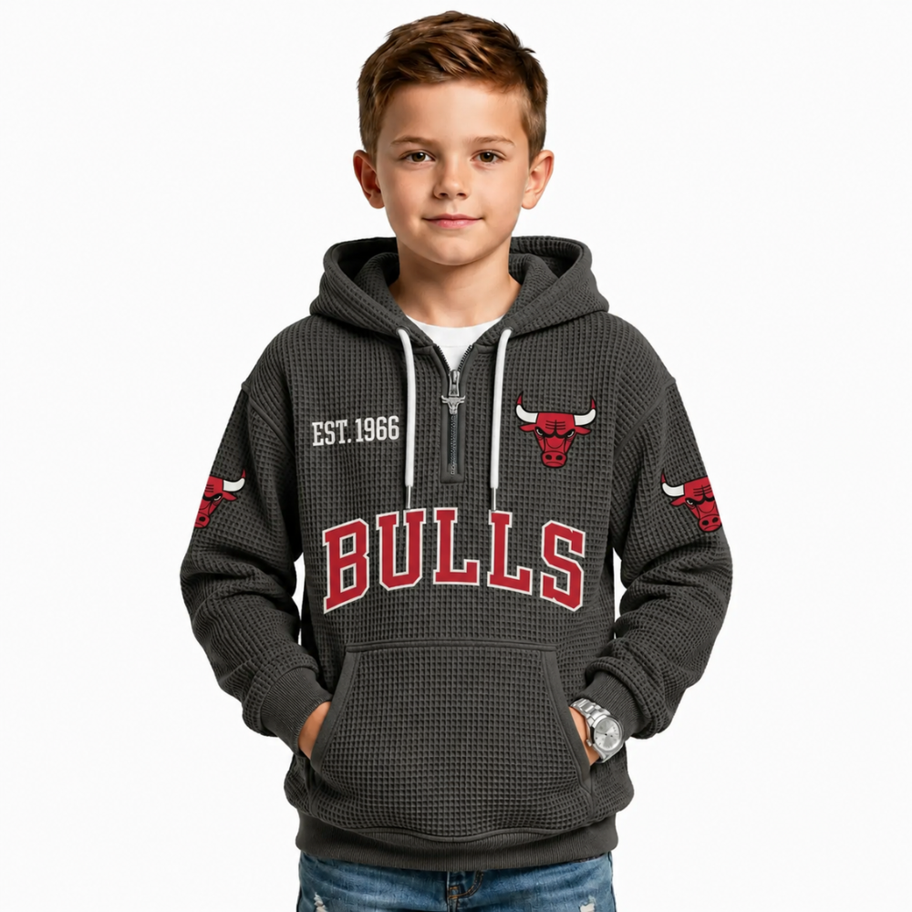 Chicago Bulls EST 1966 Kids Baseball Fan Printed Waffle Quarter Zip Hoodie