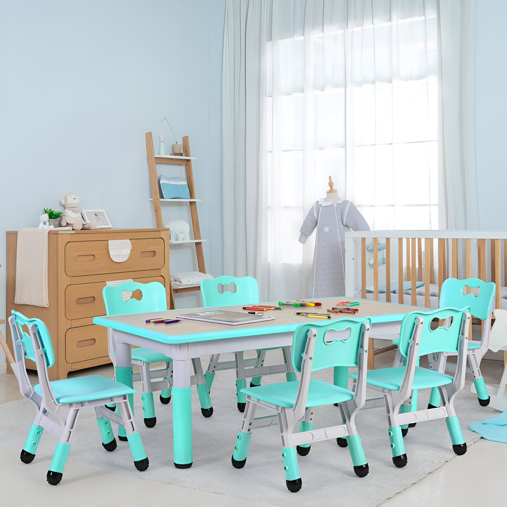 Kids Adjustable Table And 6 Chairs Set