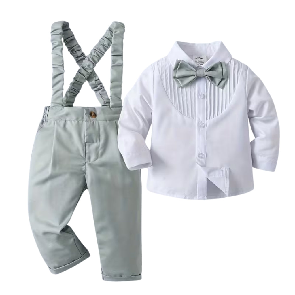 Baby Boys 2 Piece Long Sleeve Shirt And Suspender Pants Set With Bow Tie