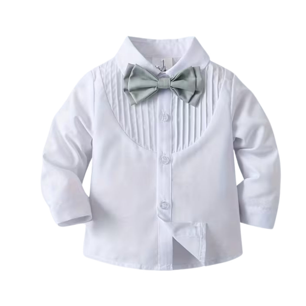 Baby Boys 2 Piece Long Sleeve Shirt And Suspender Pants Set With Bow Tie