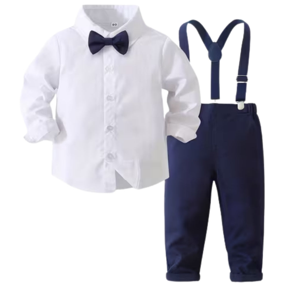 Baby Boys 2 Piece Long Sleeve Shirt And Suspender Pants Set With Bow Tie