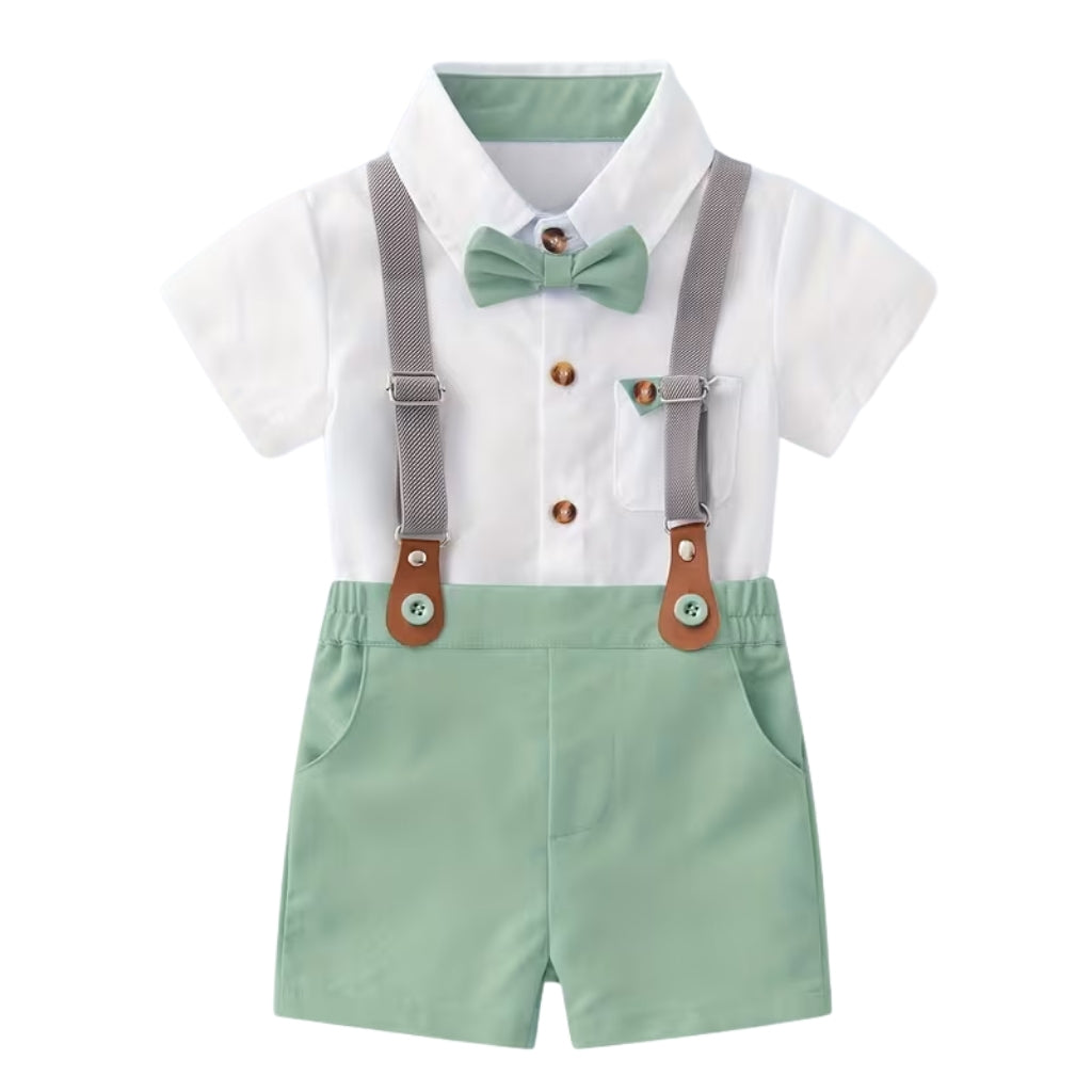 Baby Boys 2 Piece Of Short Sleeve Shirt With Bow Tie And Suspender Shorts Set