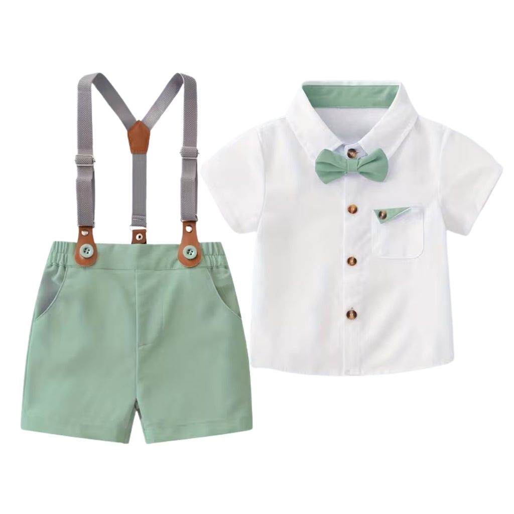 Baby Boys 2 Piece Of Short Sleeve Shirt With Bow Tie And Suspender Shorts Set