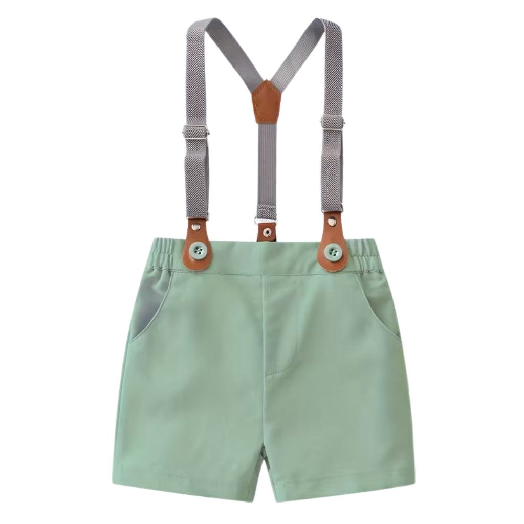 Baby Boys 2 Piece Of Short Sleeve Shirt With Bow Tie And Suspender Shorts Set