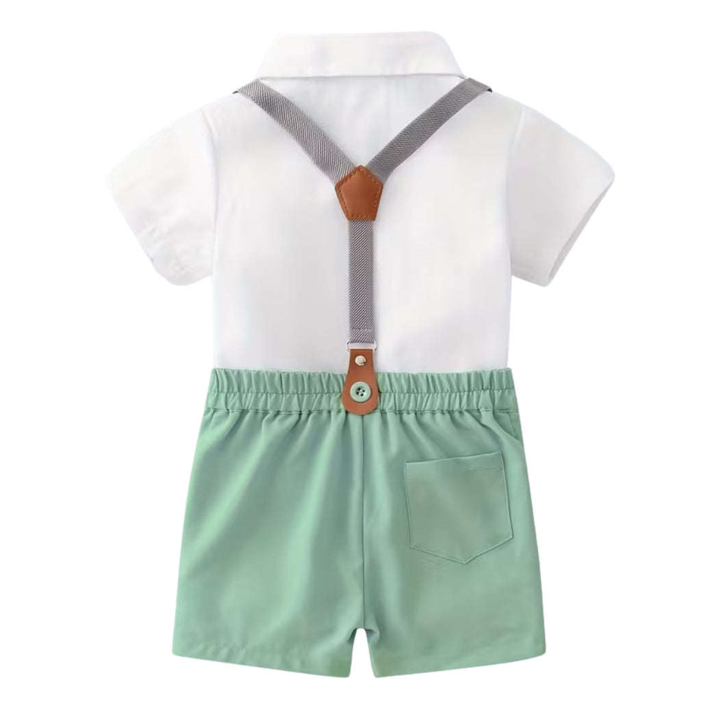 Baby Boys 2 Piece Of Short Sleeve Shirt With Bow Tie And Suspender Shorts Set