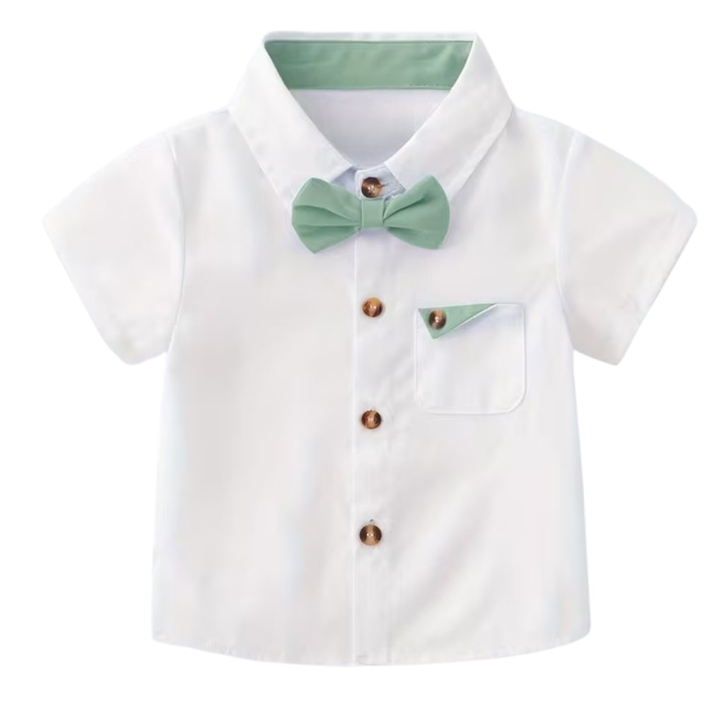 Baby Boys 2 Piece Of Short Sleeve Shirt With Bow Tie And Suspender Shorts Set