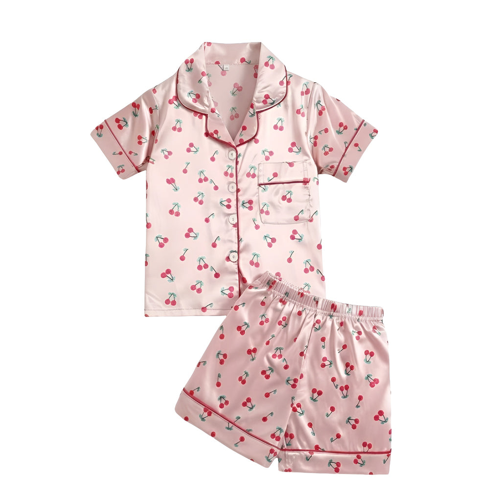 Girls 2 Piece Pajama Set With Cherry Print Top And Shorts