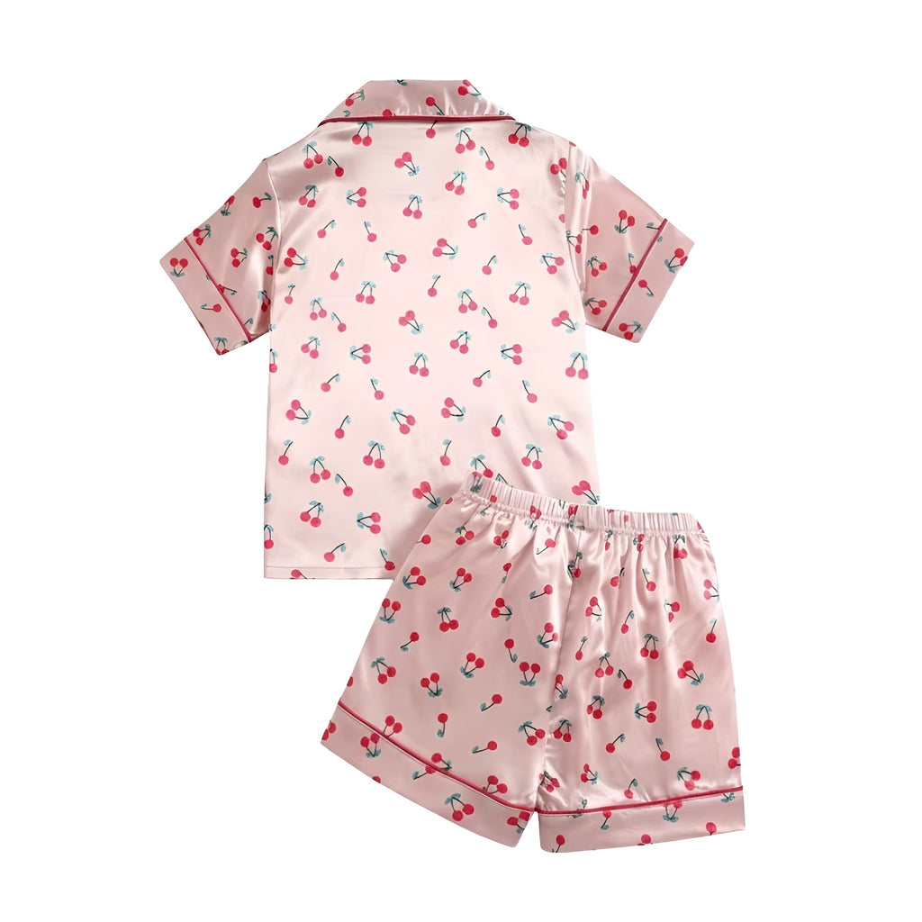 Girls 2 Piece Pajama Set With Cherry Print Top And Shorts