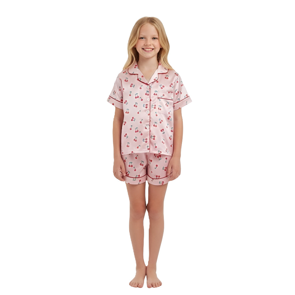 Girls 2 Piece Pajama Set With Cherry Print Top And Shorts