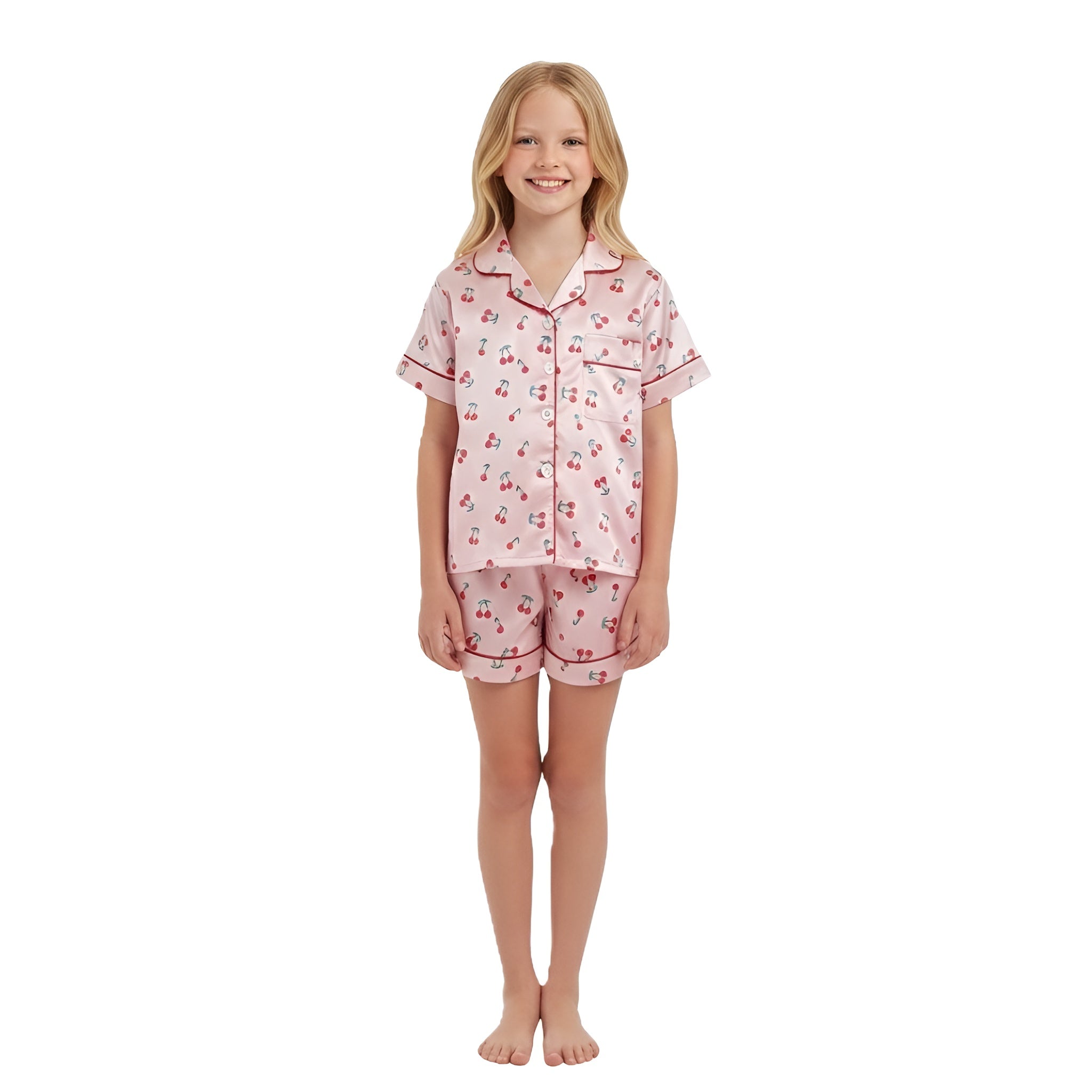 Girls 2 Piece Pajama Set With Cherry Print Top And Shorts