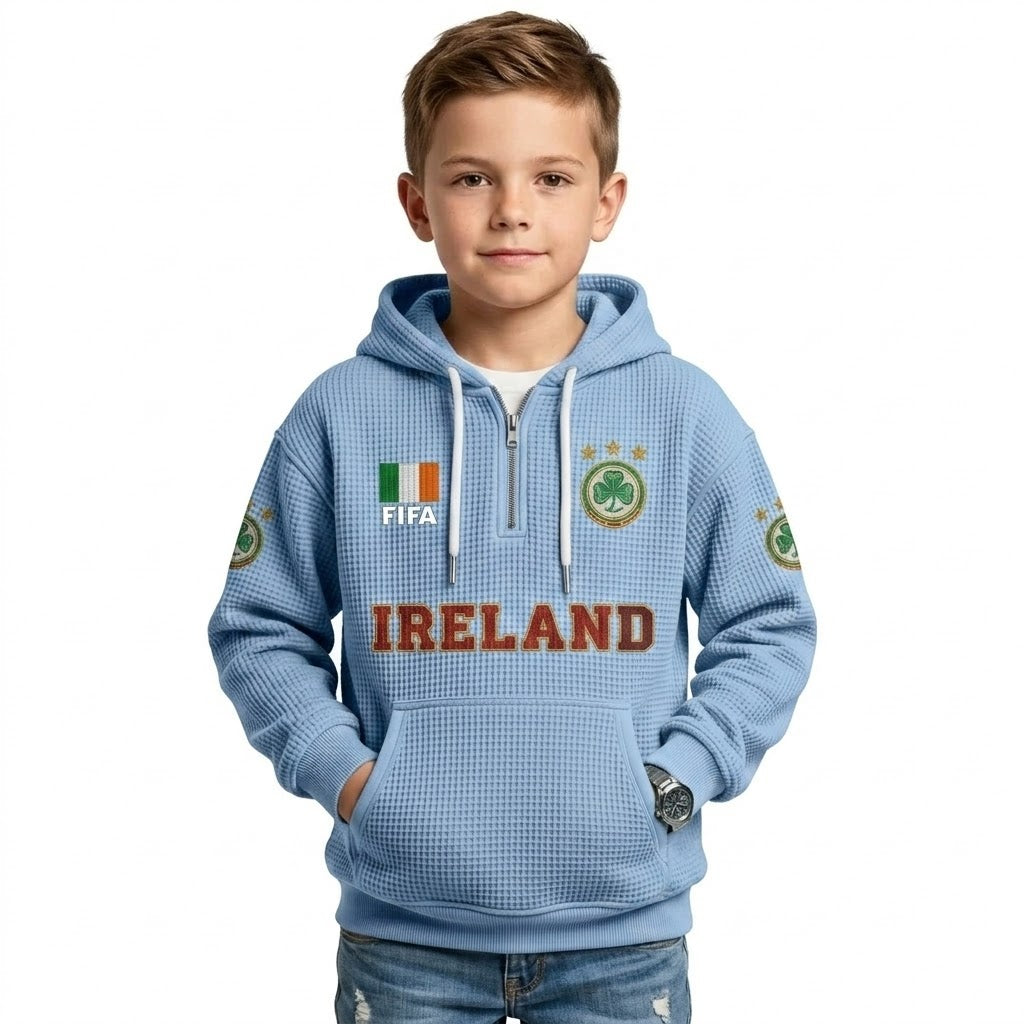 FIFA 2026 Ireland Printed Waffle Quarter Zip Kids Football Fan Hoodie