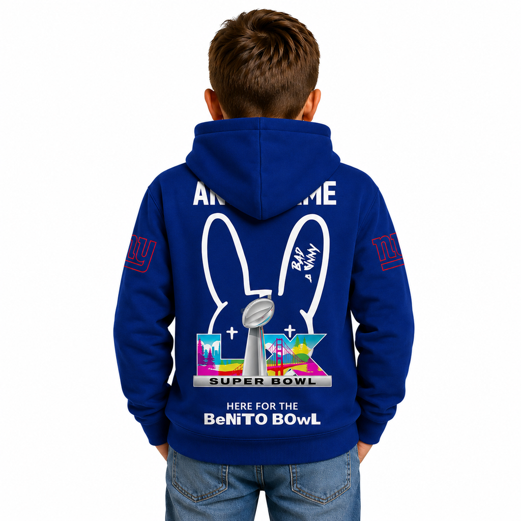 Personalized New York Giants Bad Bunny Bowl Kids Hoodie