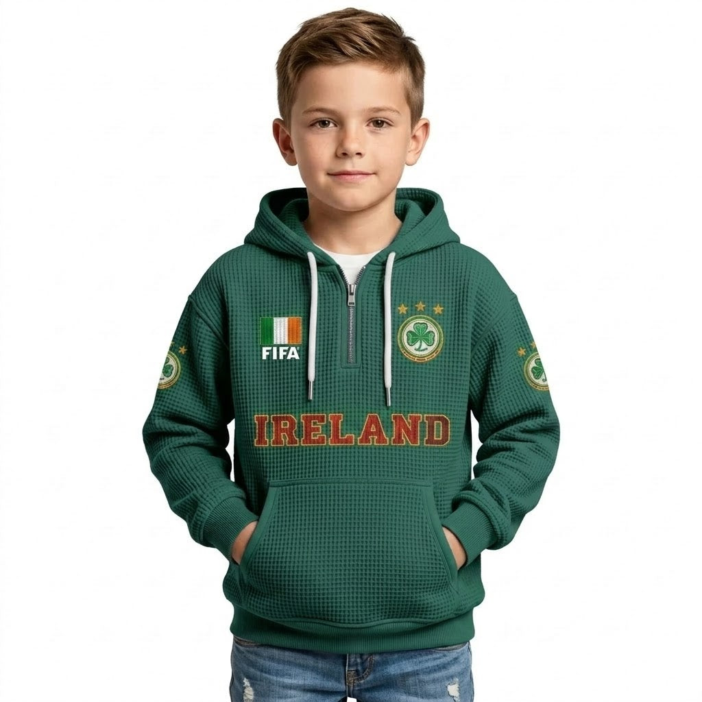 FIFA 2026 Ireland Printed Waffle Quarter Zip Kids Football Fan Hoodie