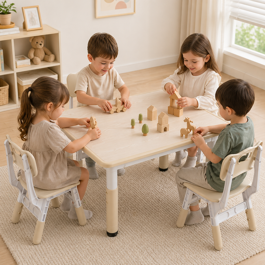 Kids Study Table And Chairs Set With Height Adjustable Design