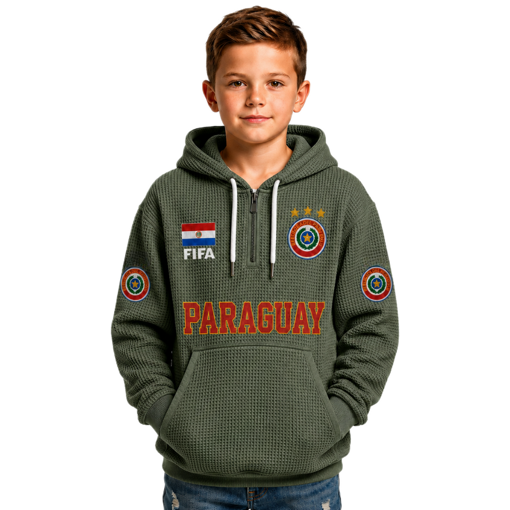 FIFA 2026 Paraguay Printed Waffle Quarter Zip Kids Football Fan Hoodie