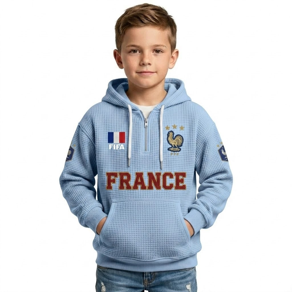 FIFA 2026 France Printed Waffle Quarter Zip Kids Football Fan Hoodie