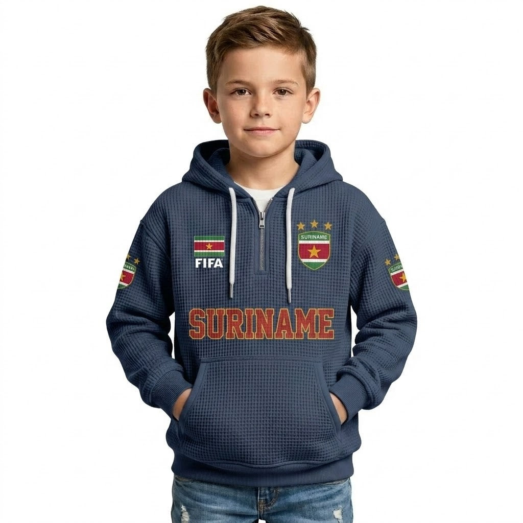 FIFA 2026 Suriname Printed Waffle Quarter Zip Kids Football Fan Hoodie