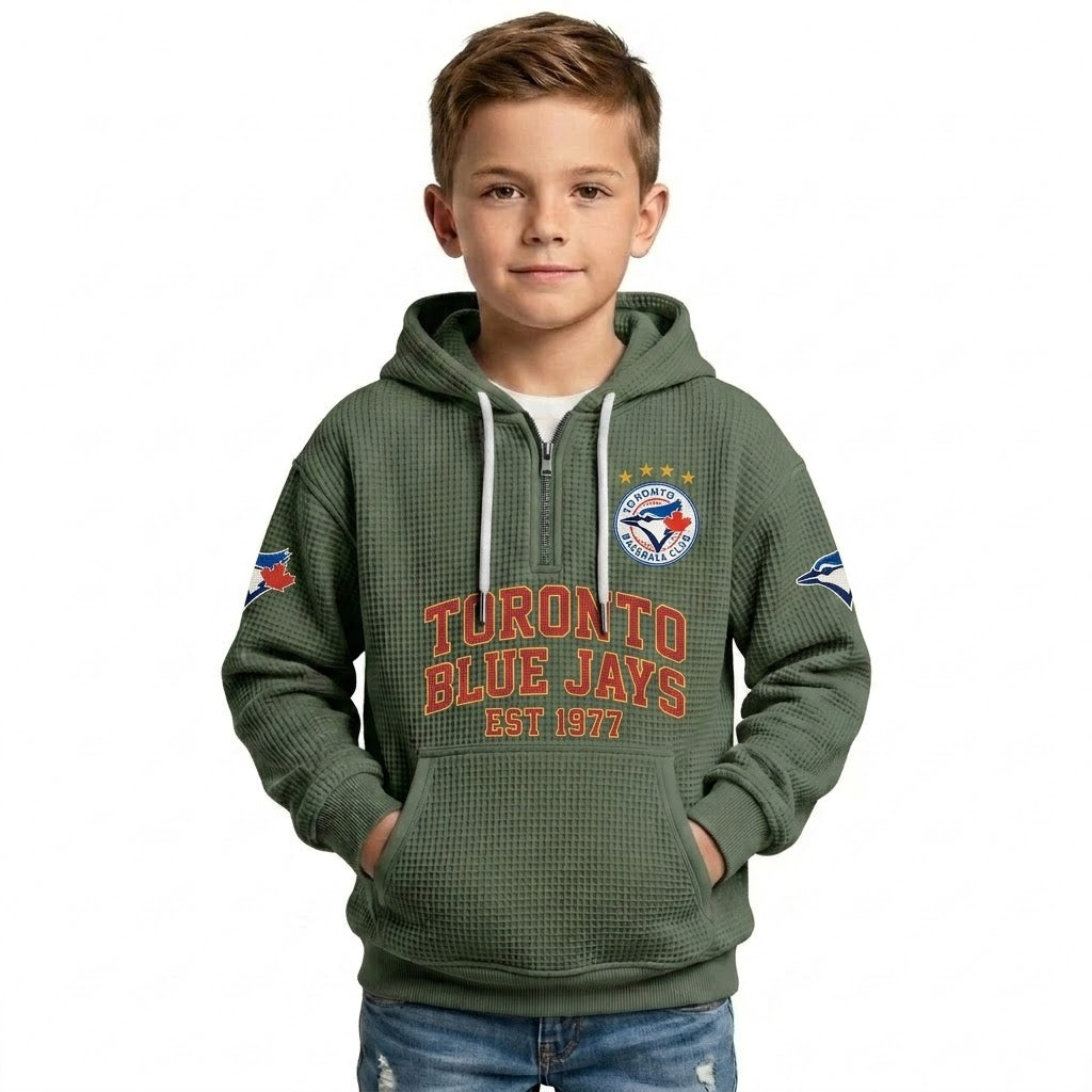 Toronto Blue Jays EST 1977 Kids Baseball Fan Printed Waffle Quarter Zip Hoodie