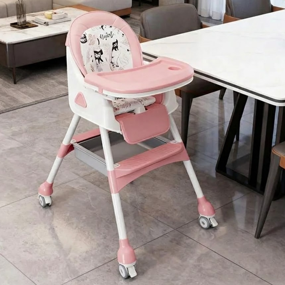 Kids Foldable Adjustable Recline Footrest High Chair With Double Tray And Locking Wheels Gift