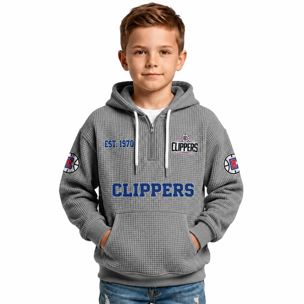 LA Clippers EST 1970 Kids Basketball Fan Printed Waffle Quarter Zip Hoodie