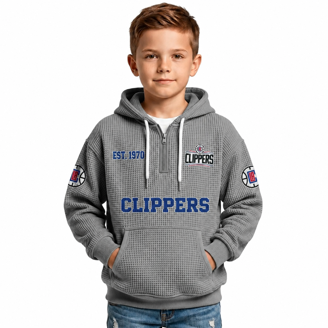 LA Clippers EST 1970 Kids Basketball Fan Printed Waffle Quarter Zip Hoodie