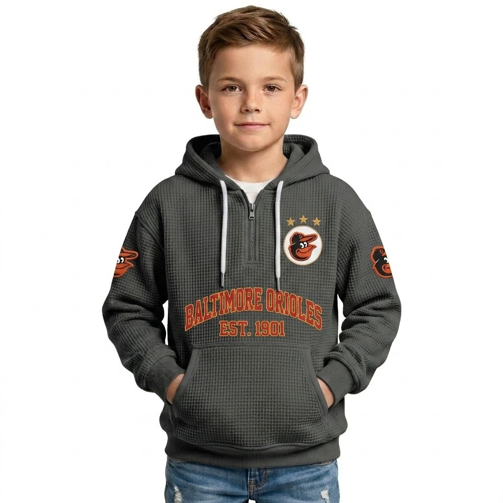Baltimore Orioles EST 1901 Kids Baseball Fan Printed Waffle Quarter Zip Hoodie