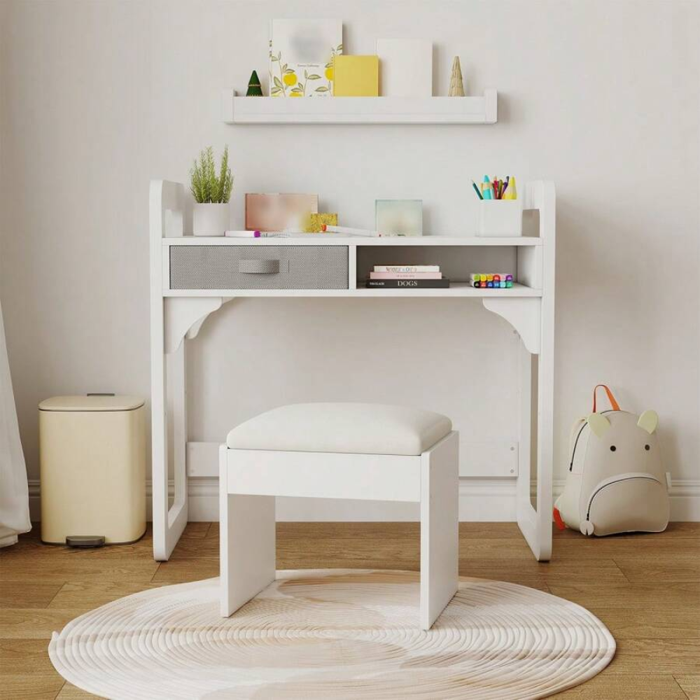 Kids Study Desk And Chair Set With Storage Drawer With Soft Stool