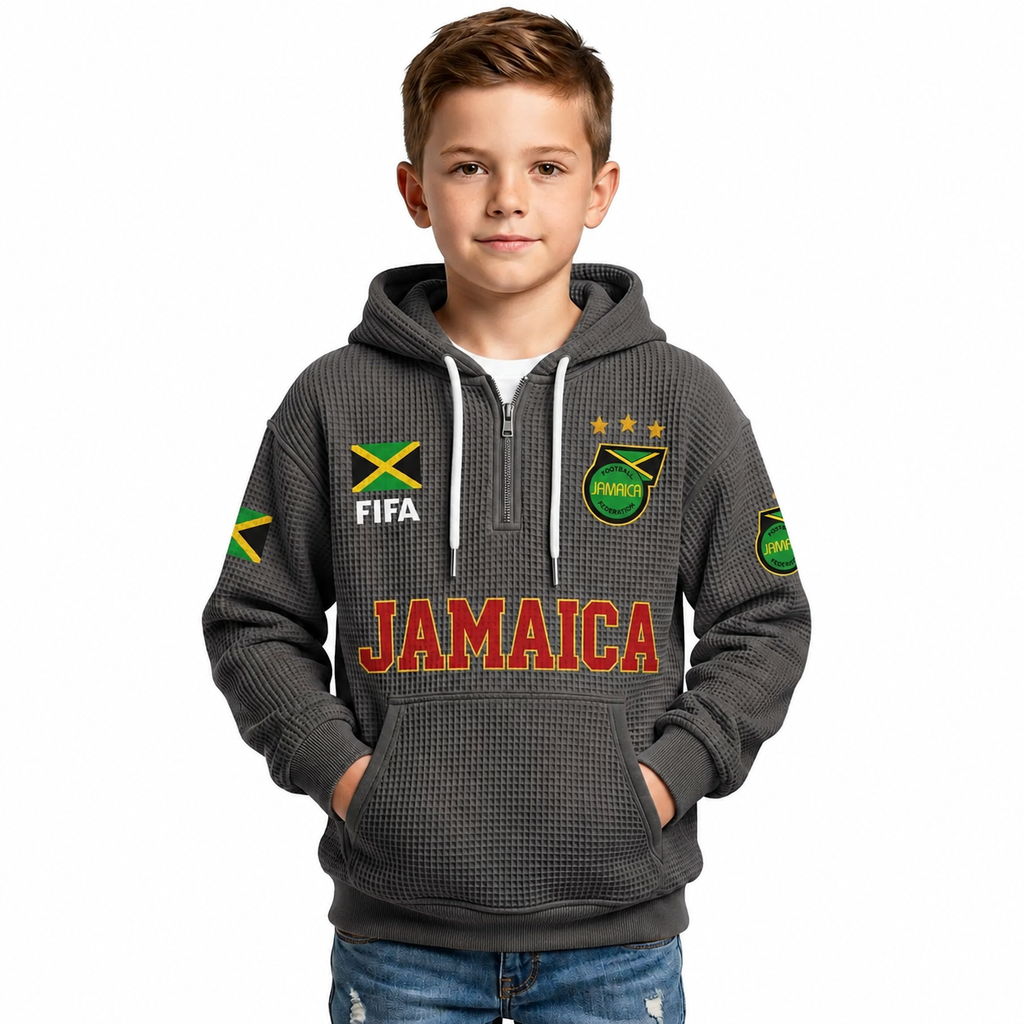 FIFA 2026 Jamaica Printed Waffle Quarter Zip Kids Football Fan Hoodie