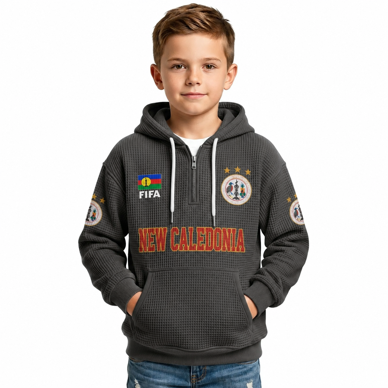 FIFA 2026 Caledonia Printed Waffle Quarter Zip Kids Football Fan Hoodie
