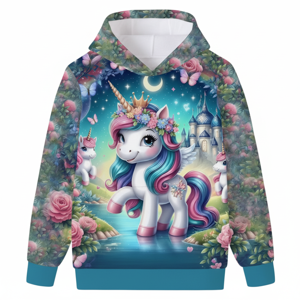 Girls Unicorn And Flower Print Hooded Sweatshirt