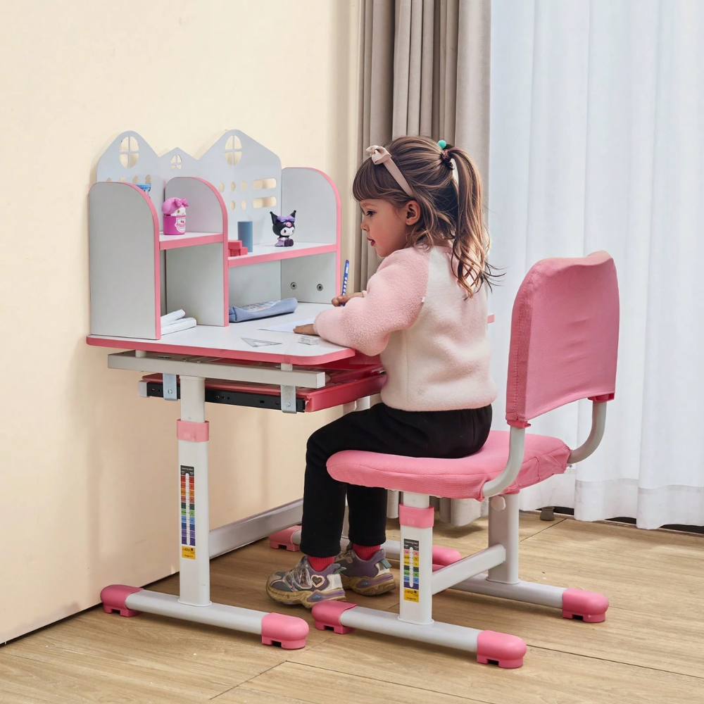 Kids Study Chair And Desk Set With Bookshelf Storage