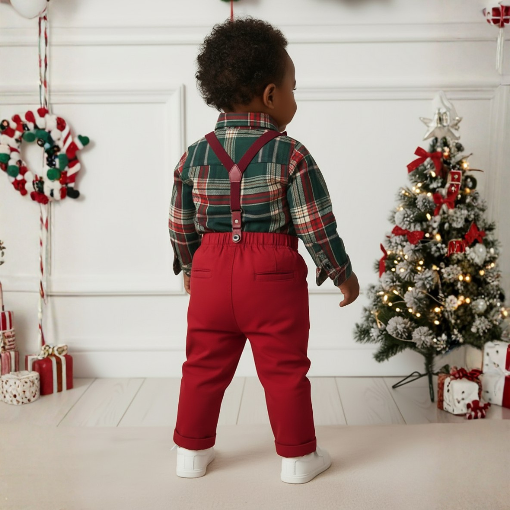 Boys Two Piece Set With Bow Tie Design Plaid Shirt And Long Pants
