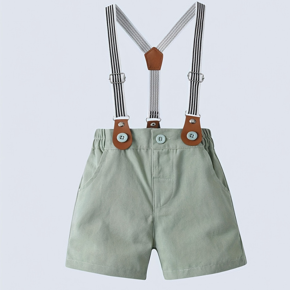 Baby Boys Short Sleeve Shirt With Bow Tie And Suspenders Shorts Set