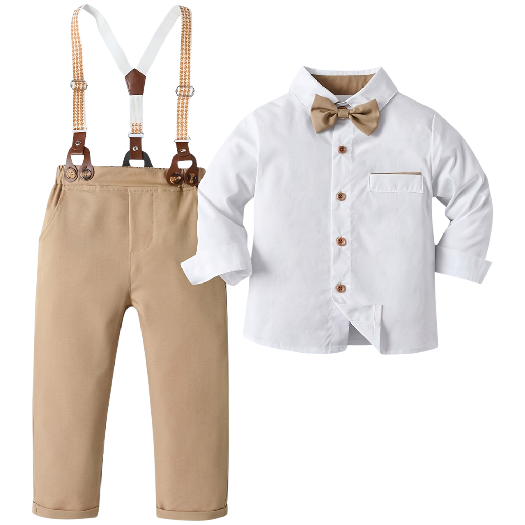 Boys Long Sleeve Button Shirt With Bow Tie And Suspender Pant Set