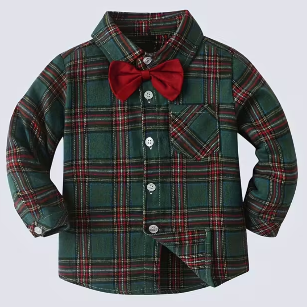 Baby Boys Plaid Shirt With Bow Tie And Suspender Pants 2 Piece Set