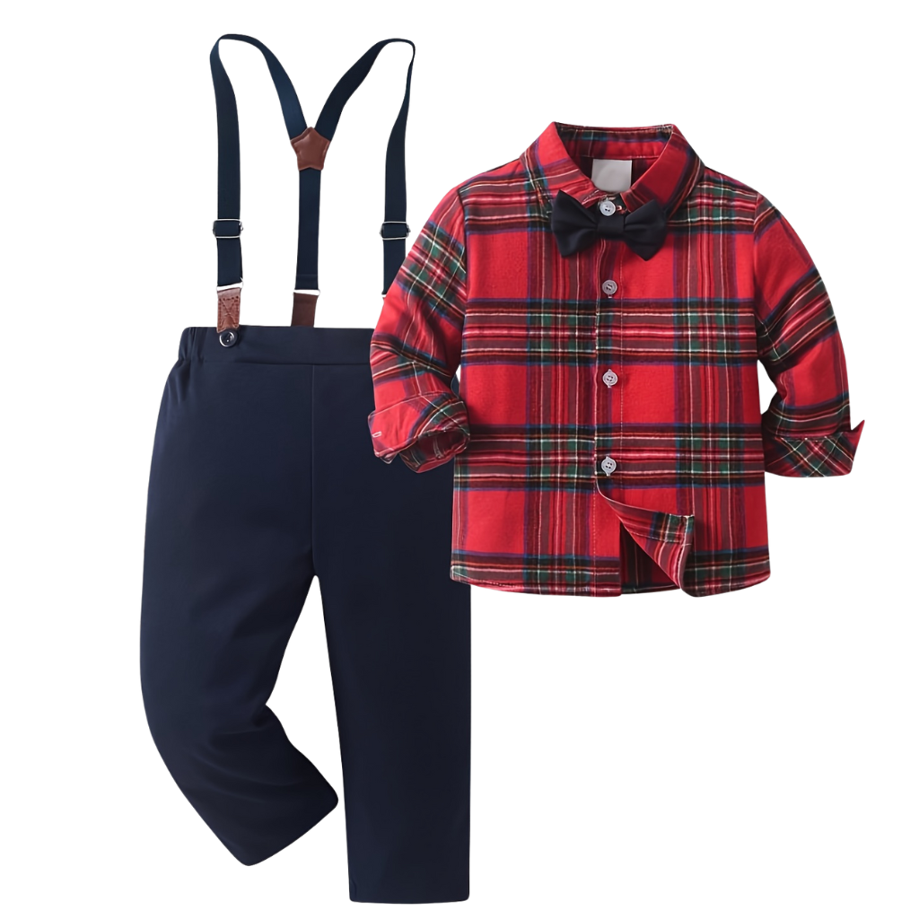 Baby Boys 2 Piece Of Christmas Long Sleeve Plaid Shirt And Suspender Pants Set