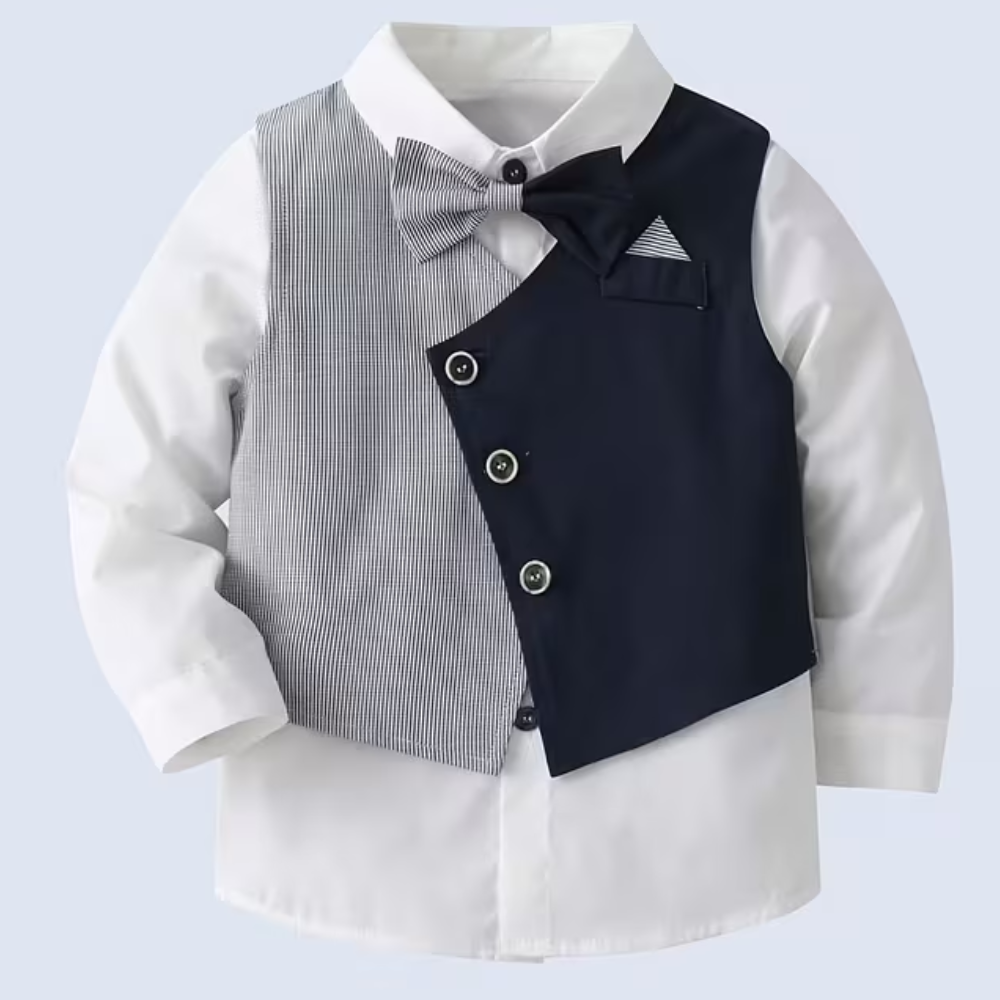 Boys Four Piece Outfit Set With Long Sleeve Shirt with Bow Tie Vest And Pants