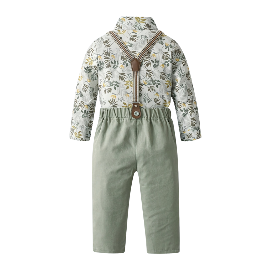 Baby Boys Printed Floral Shirt With Bow Tie And Suspender Pants Set